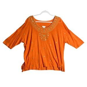 J Jill Love Linen‎ XL Embellished Boho Tunic Top Embroidered Gold Sequin Orange